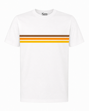 White t-shirt with brown and orange stripes on a white background