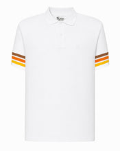 White polo shirt with colorful stripes on sleeves against a white background