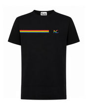 Black t-shirt with rainbow stripe and logo on a white background