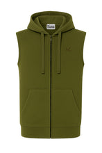 An olive green sleeveless zip-up hoodie vest with a drawstring hood, kangaroo pockets, and a small embroidered logo on the left chest, shown against a plain white background.