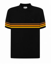 Black polo shirt with colorful stripes on a white background