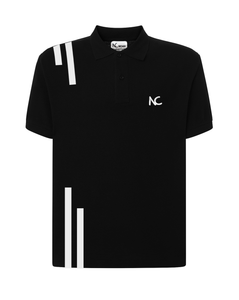 Black polo shirt with white accents and logos on a white background