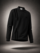 Black long-sleeve polo shirt with brand logo on a gray background
