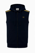 A sleeveless zip-up hoodie vest in navy blue with gold shoulder panels and a gold embroidered 'KC' logo on the left chest, shown against a plain white background.