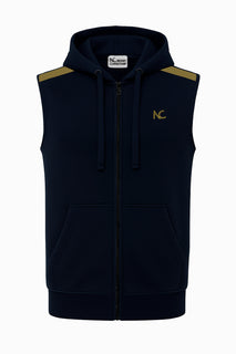 A sleeveless zip-up hoodie vest in navy blue with gold shoulder panels and a gold embroidered 'KC' logo on the left chest, shown against a plain white background.