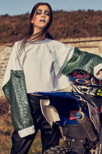 OVERSIZED CROP TOP WITH GREEN EMBELLISHED SEQUIN AND PINK LOGO - Noah Christian 